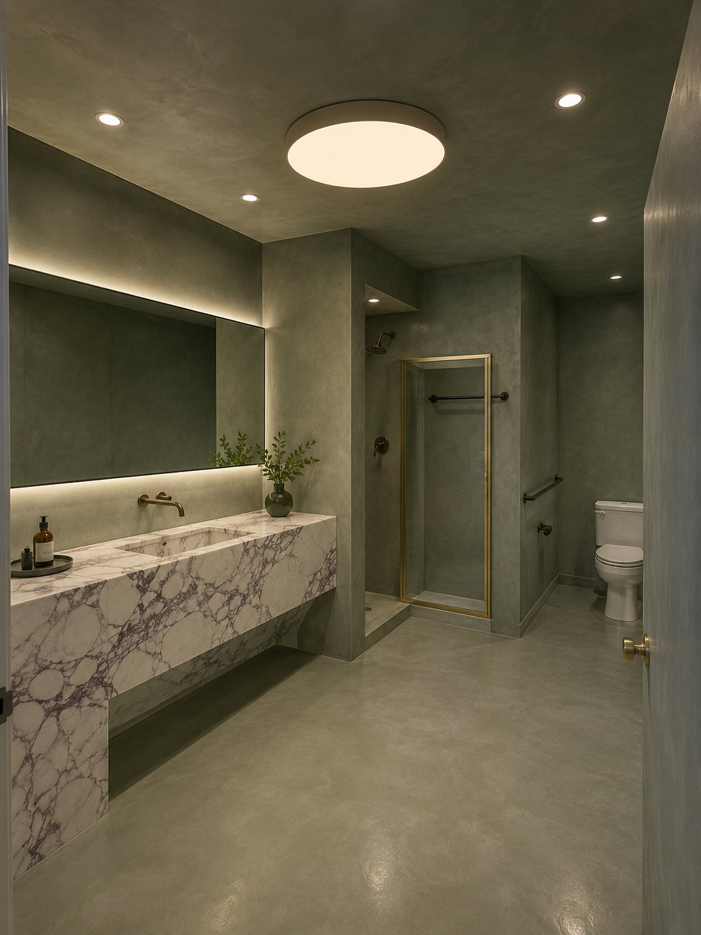 Bath finished in sage plaster with a violet-veined marble vanity, backlit mirror and brass-framed shower