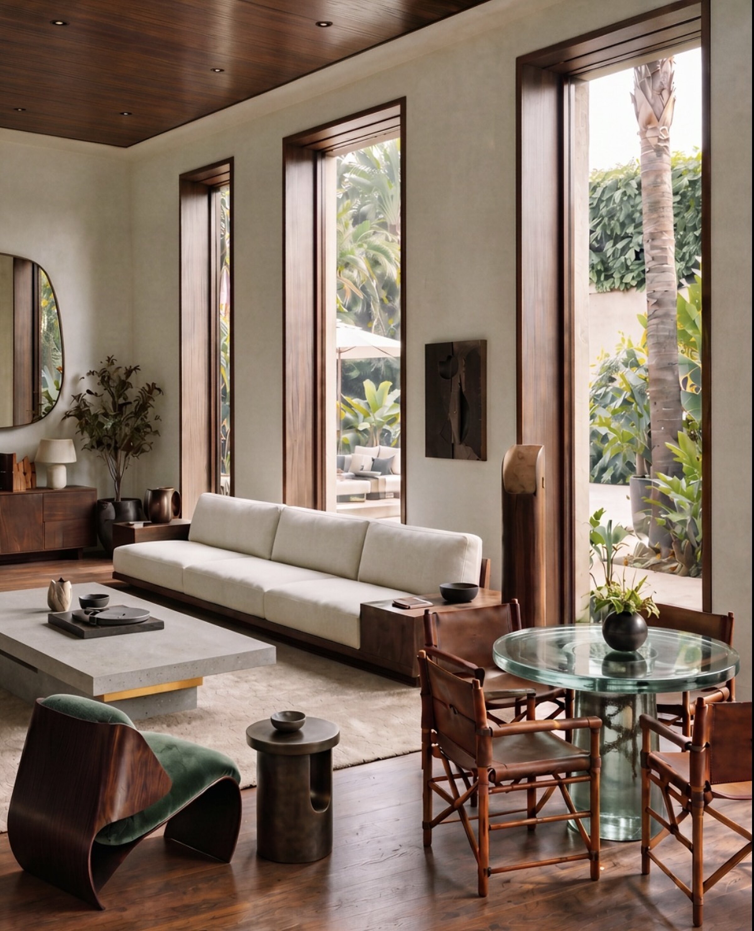 Living room with tall walnut-framed windows onto a tropical garden, a long white sofa and a glass dining table with leather chairs