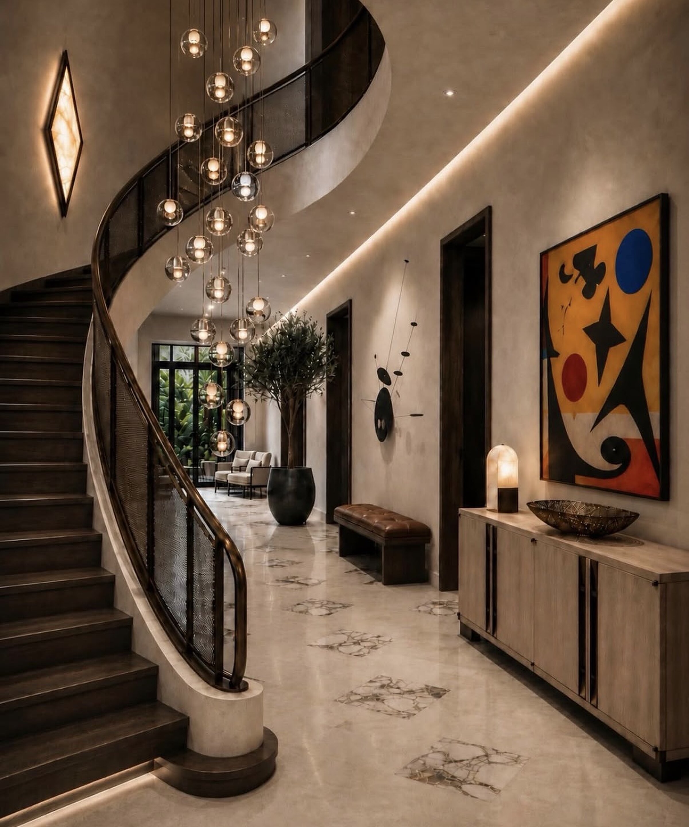 Curved stair hall with a cascading glass globe pendant, inlaid marble floor, oak console and a large abstract painting